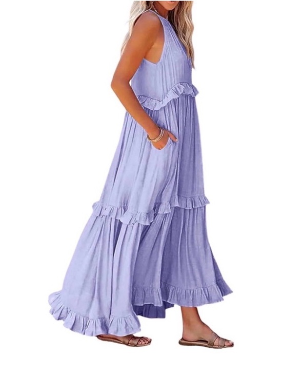 Dresses & Skirts - #1419 Halter Style Deep Purple Ruffle Tiered Maxi Dress With Pockets.